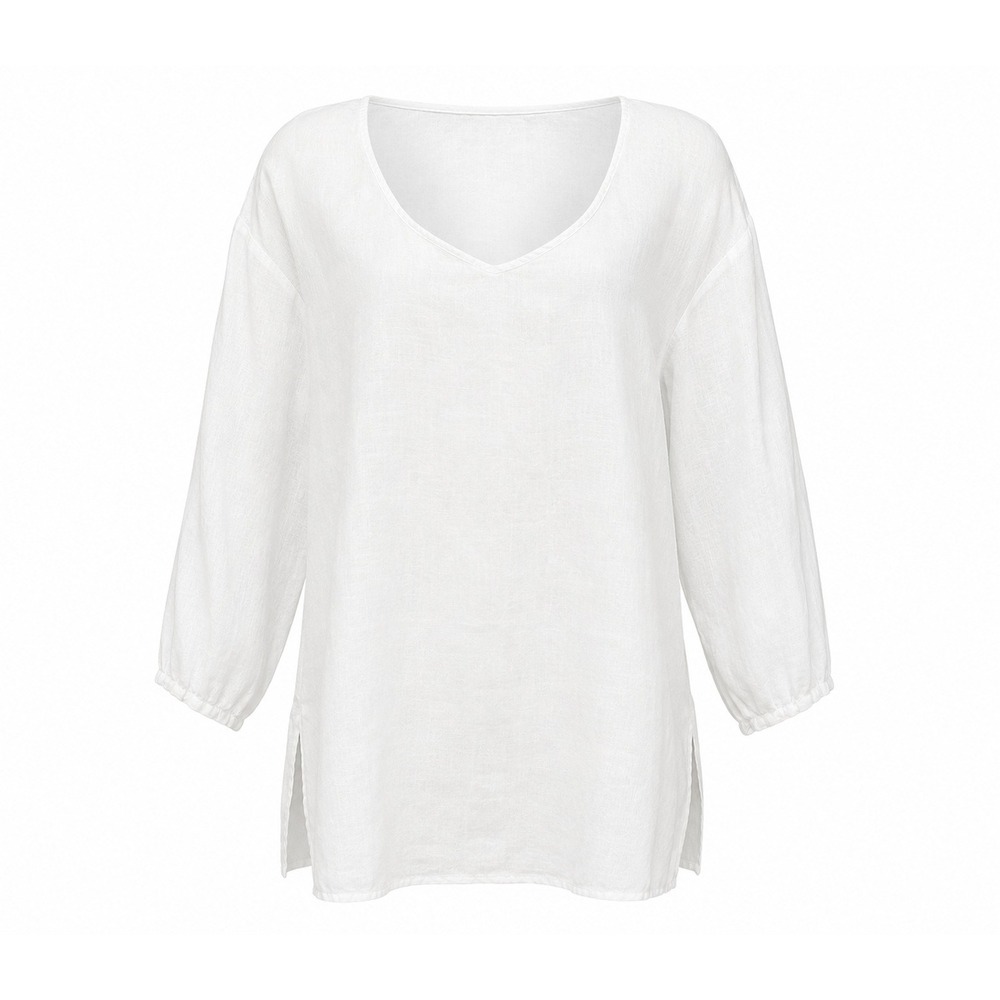 Blue Saks Fifth Avenue Tunic Women Large White Good Linen V-Neck Long Sleeve‎